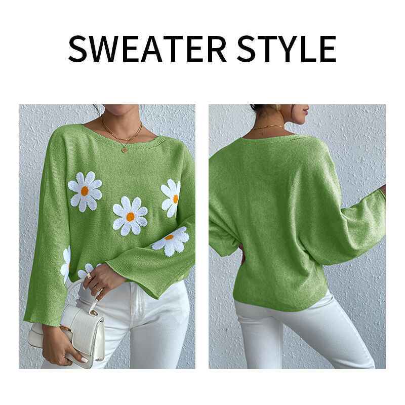     Green-Womens-round-neck-loose-bat-sleeves-sweater-embroidered-flower-pullover-k632-Detail
