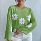 Green-Womens-round-neck-loose-bat-sleeves-sweater-embroidered-flower-pullover-k632
