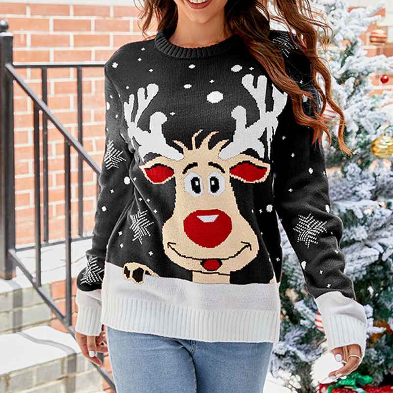 Grey-Elk-Womens-Oversized-Pullover-Cute-Ugly-Christmas-Sweater-K614