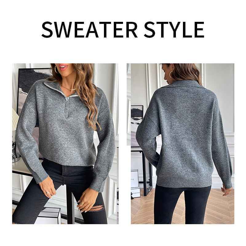 Grey-Womens-lapel-long-sleeved-sweater-solid-color-loose-zipper-pullover-sweater-k642-Detail