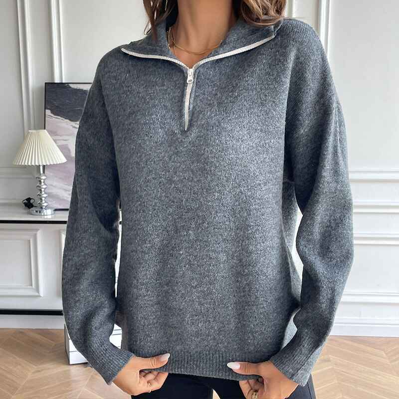 Grey-Womens-lapel-long-sleeved-sweater-solid-color-loose-zipper-pullover-sweater-k642