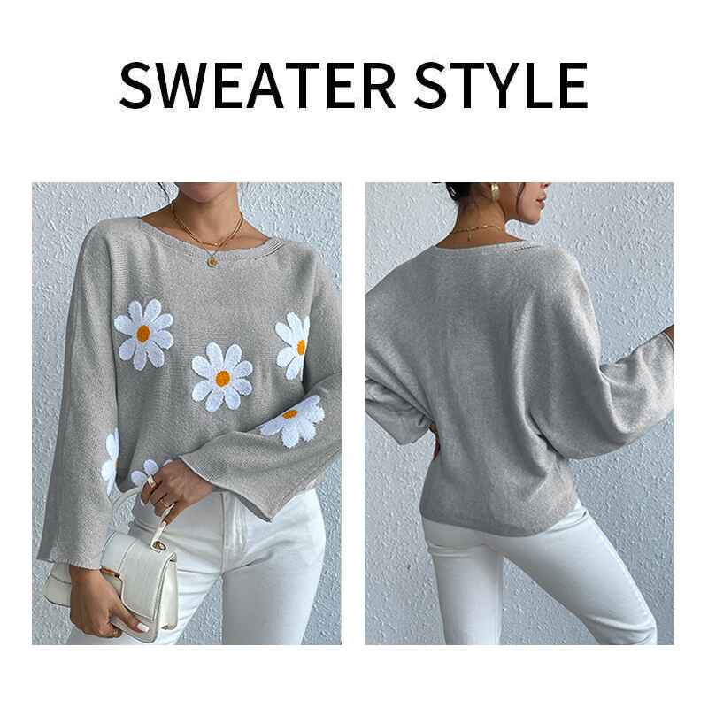 Grey-Womens-round-neck-loose-bat-sleeves-sweater-embroidered-flower-pullover-k632-Detail