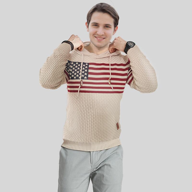 Khaki-Mens-Hooded-Sweatshirt-Casual-Long-Sleeve-Drawstring-Waffle-Knit-Pullover-Hoodies-G710-Model-Front