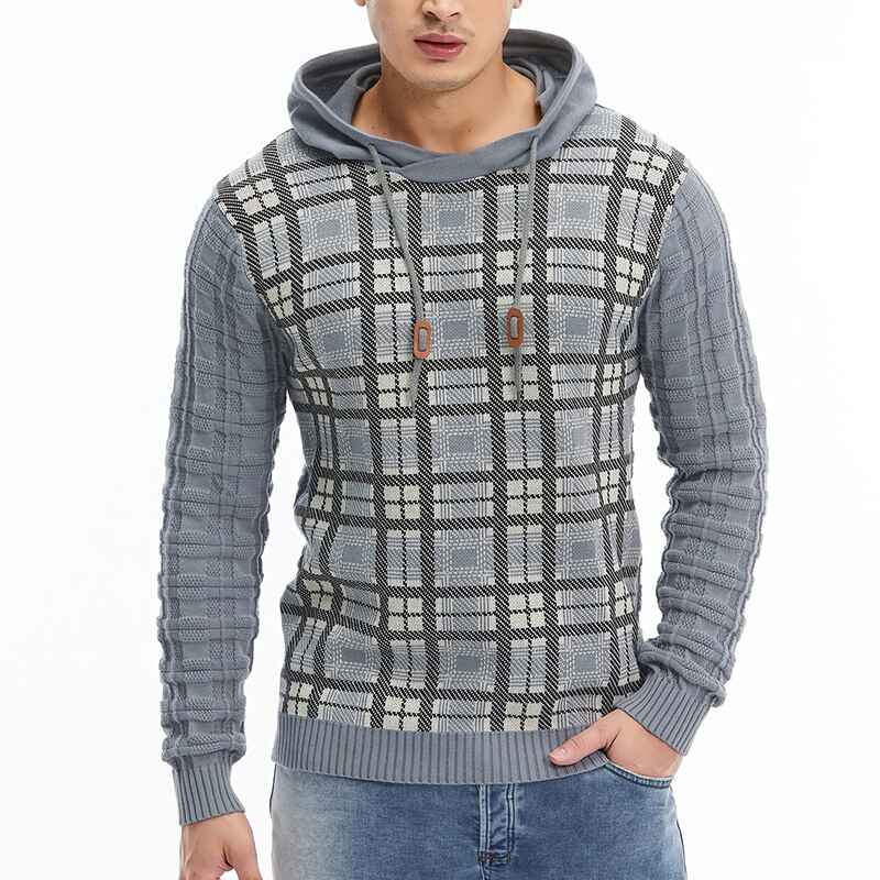 Light-Grey-Mens-Slim-Checkered-Long-Sleeve-Hooded-Sweater-With-Drawstring-Best-Sellers-G093-Front