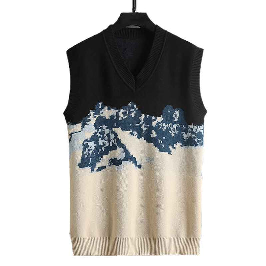 Men's Causal V-neck Knit Sleeveless Cotton Sweater Vest Snow Mountain Pattern Print Pullover G096
