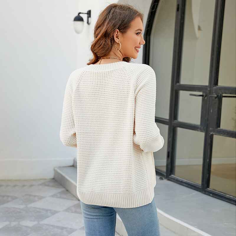 Off-White-Womens-Solid-Zip-Up-Long-Sleeve-Classic-Crew-Neck-Knit-Cardigan-Sweater-K626-Back