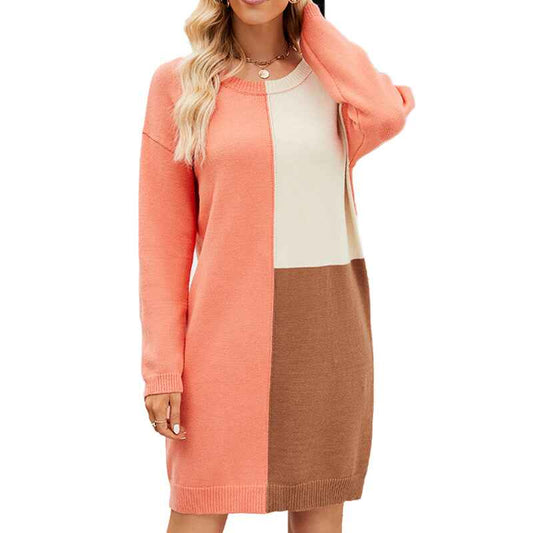 Orange-Womens-Color-Block-Long-Sleeve-Crew-Neck-Short-Bodycon-Sweater-Dress-K600