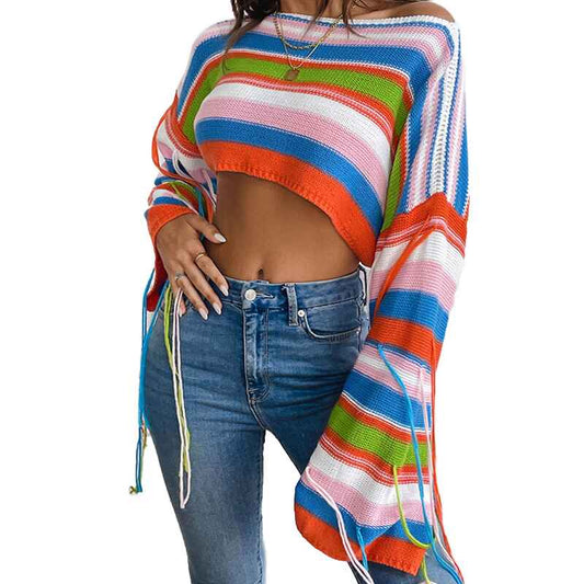 Orange-Womens-rainbow-striped-tassel-sweater-ultra-short-navel-baring-loose-sweater-k637-White-Background