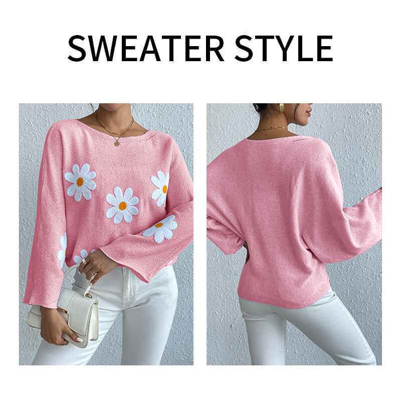 Pink-Womens-round-neck-loose-bat-sleeves-sweater-embroidered-flower-pullover-k632-Detail