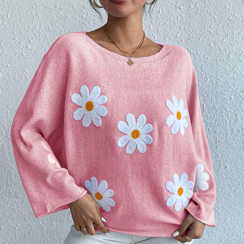 Pink-Womens-round-neck-loose-bat-sleeves-sweater-embroidered-flower-pullover-k632
