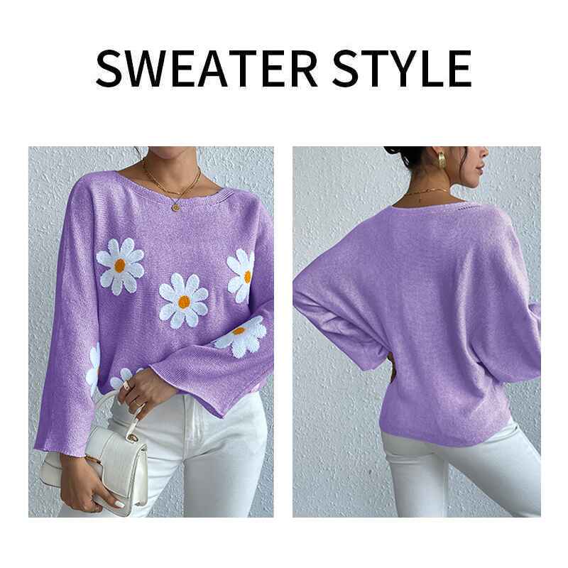 Purple-Womens-round-neck-loose-bat-sleeves-sweater-embroidered-flower-pullover-k632-Detail