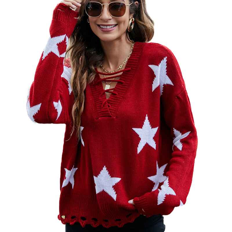 Red-Star-Patterned-Pullover-Sweater-for-Women-Comfortable-Long-Sleeve-Tops-and-Lightweight-K608-Front