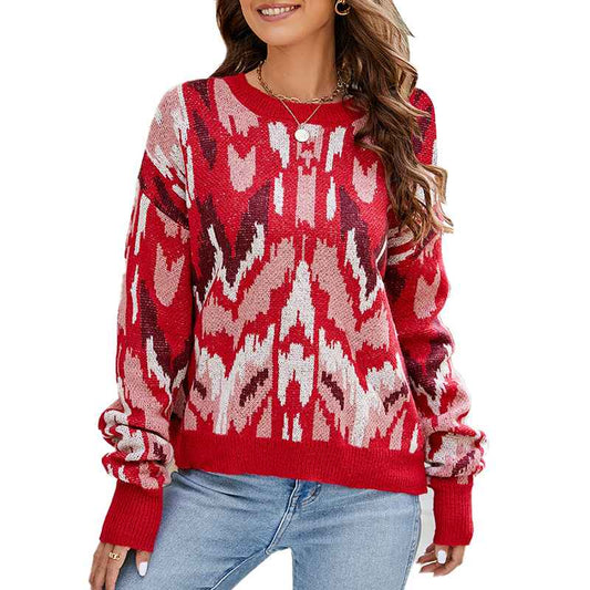 Red-Womens-Pullover-Sweaters-Long-Sleeve-Print-Knitted-Crew-Neck-Sweater-Tops-K643-White-background