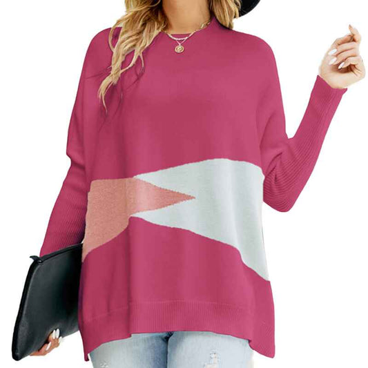 Rose-Red-Womens-Casual-Crewneck-Sweatshirt-Long-Sleeve-Loose-Side-Split-Pullover-Tops-K601