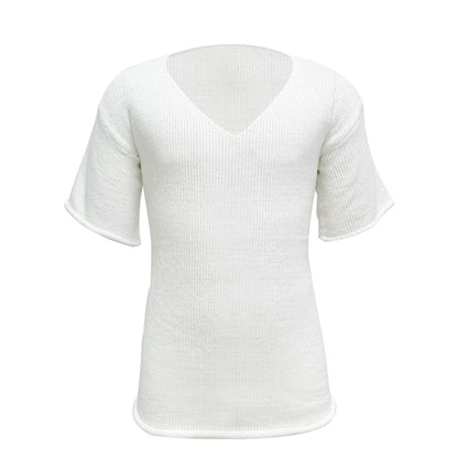     White-Mens-Solid-V-Neck-Short-Sleeve-Vertical-stripes-loose-Sport-Knit-Sweater-Pullover-G085-Front-1