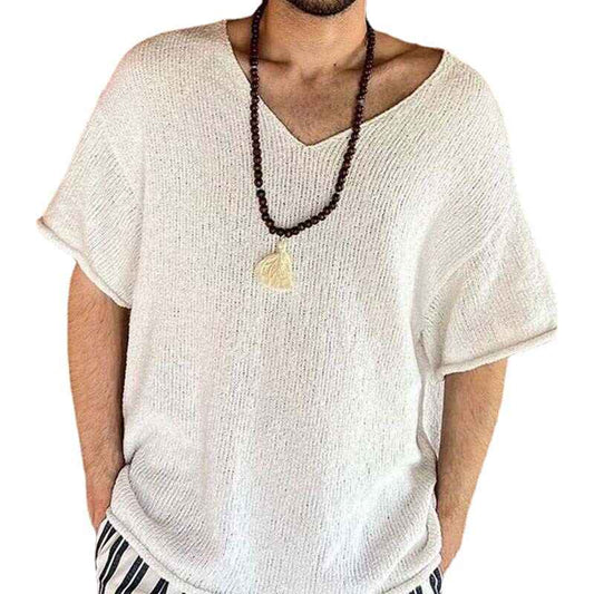 White-Mens-Solid-V-Neck-Short-Sleeve-Vertical-stripes-loose-Sport-Knit-Sweater-Pullover-G085