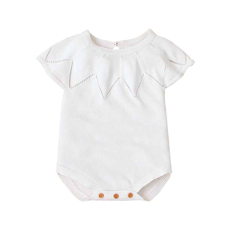 White-Newborn-Baby-Girl-Knit-Short-Sleeve-Lace-Neck-Bodysuit-Jumpsuit-Set-Short-Sleeves-A012-Front