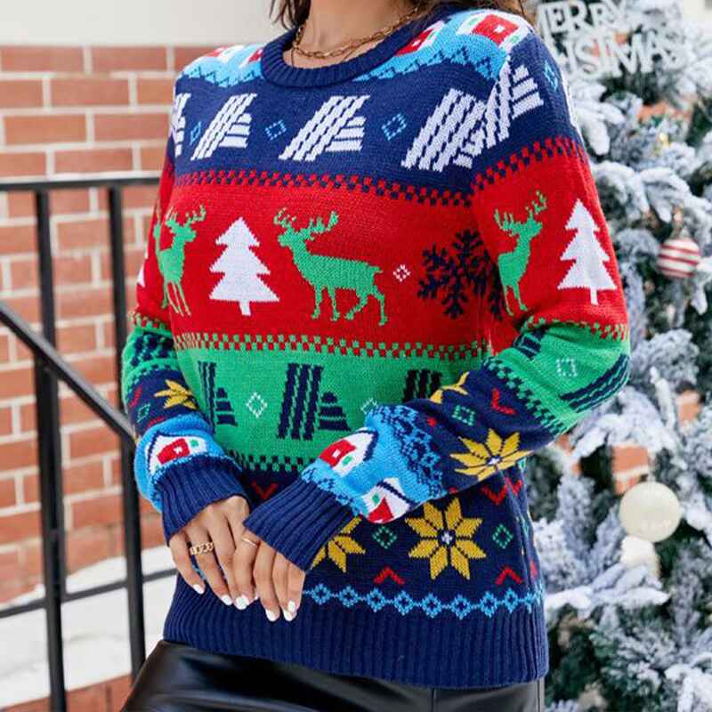 Womens-Christmas-Reindeer-Xmas-Snowflake-Patterns-Knitted-Sweater-Long-Sleeve-Elk-Floral-Printed-Pullover-K618-Side