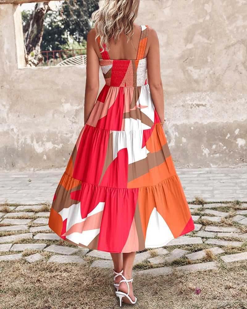 Abstract Pattern Square Neck Thick Strap Shirred Ruffles Hem Dress Vacation Dress