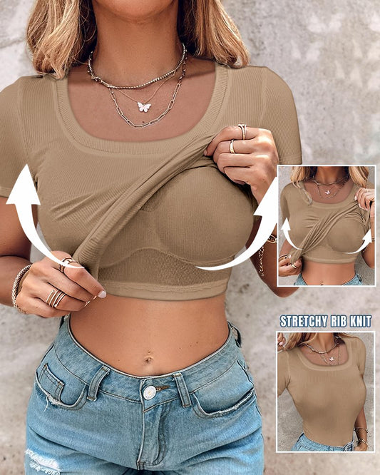 Built in Bra U neck Short Sleeve T shirt Rib knit Top