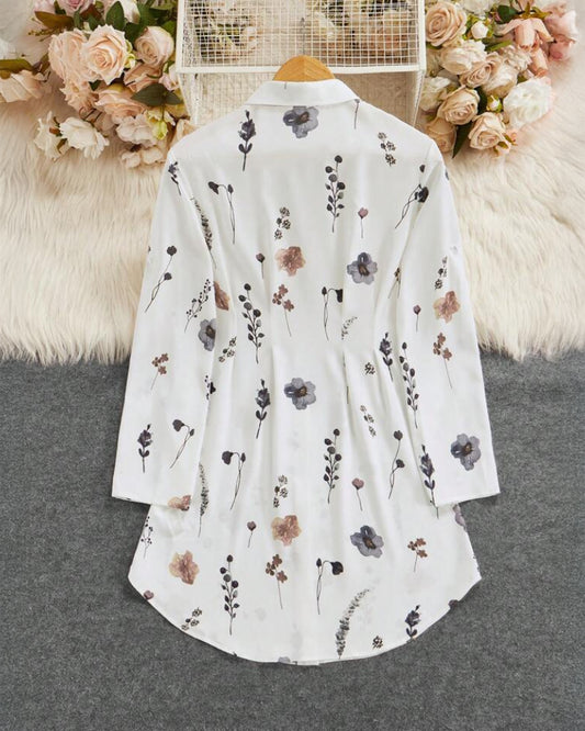 Floral Print Turn down Collar Long Sleeve Shirt Dress