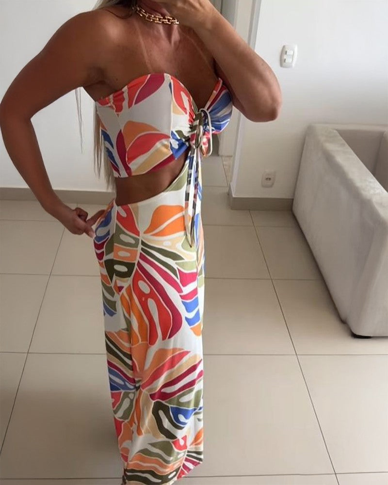 Colorblock Plants Print Bandeau Lace Up Maxi Dress Casual Hollow Out Sleeveless Vacation Dress