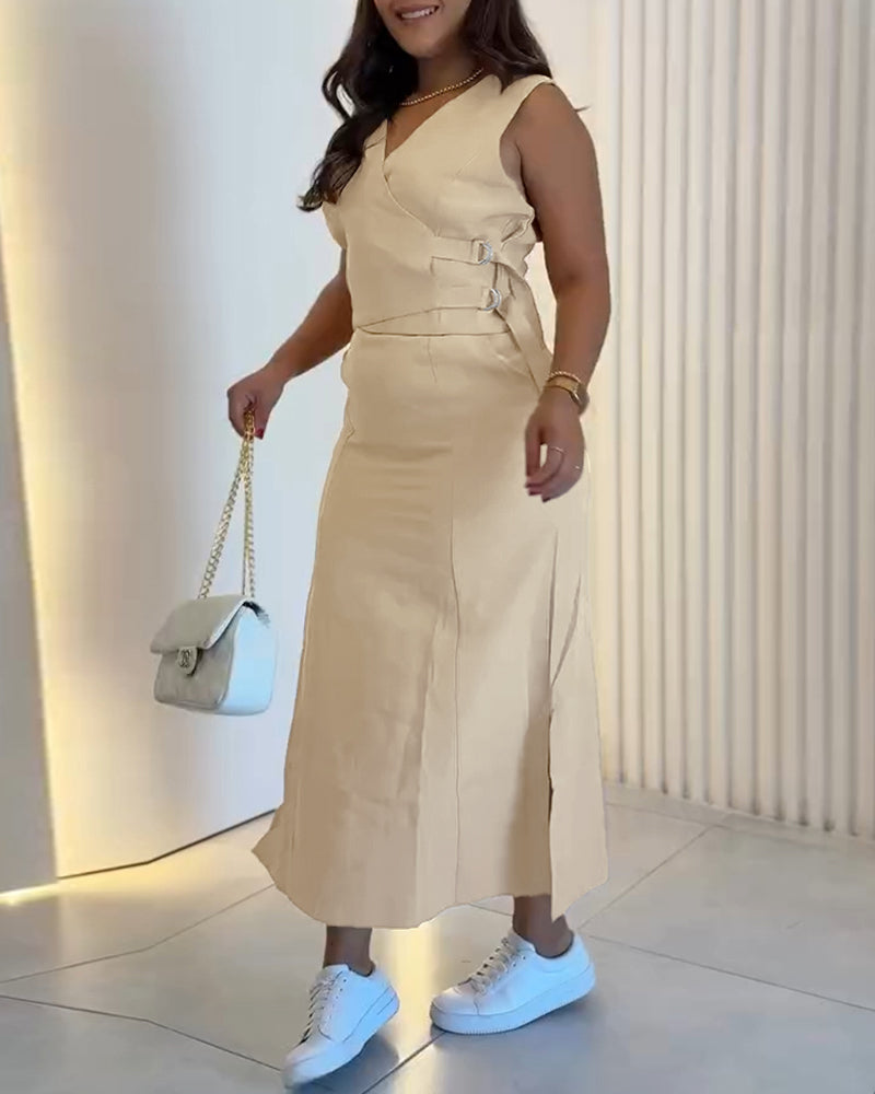2 Pieces Outfit Sleeveless Waist Buckle Decor Tank and Casual High Waist Slit Skirt Set