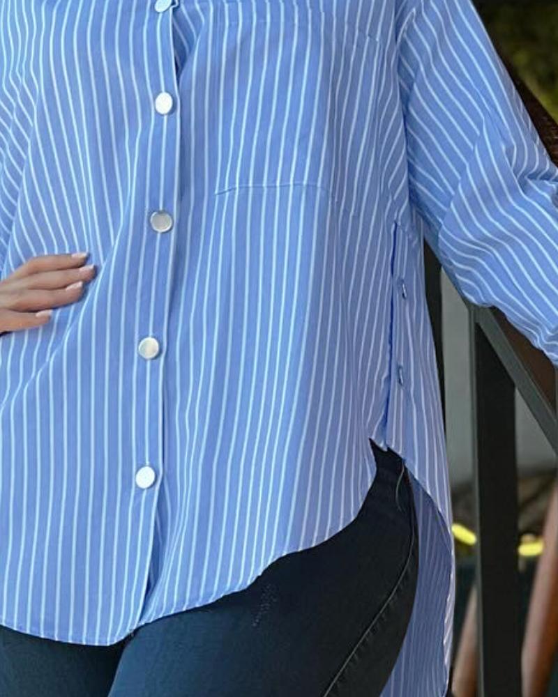 Striped Turn down Collar Long Sleeve Blouse Casual Button Down T Shirts Top