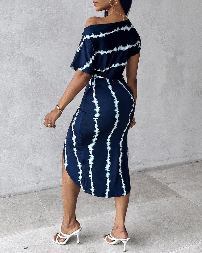 Tie Dye Print Ruched Slit Casual Dress