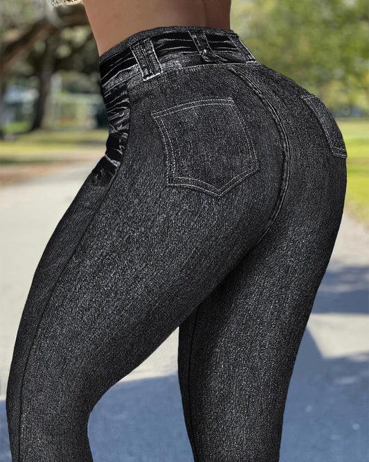 Denim Print High Waist Fake Jean Leggings Seamless Yoga Pants Butt Lifting Workout Trousers