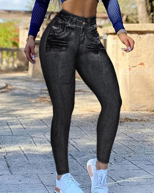 Denim Print High Waist Fake Jean Leggings Seamless Yoga Pants Butt Lifting Workout Trousers