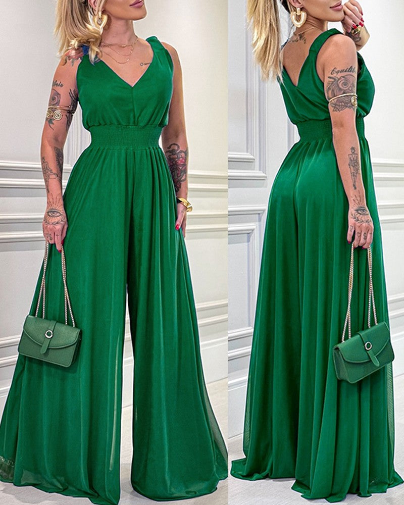 Plunge V Neck Ruched Strap Sleeveless Jumpsuit Casual Waist Shirred Wide Leg Romper