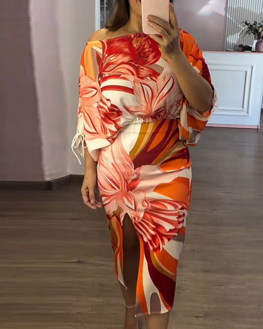 2 Pieces Outfit Floral Print Off Shoulder Side Drawstring Crop Top and Casual High Waist Bodycon Slit Skirt Set