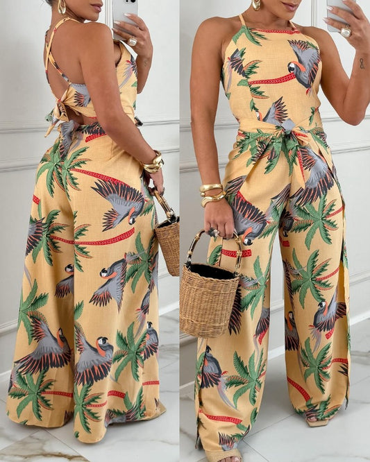Tribal Print Halter Criss Cross Faux Two Piece Jumpsuit Casual Ruched Tied Detail Wide Leg Romper