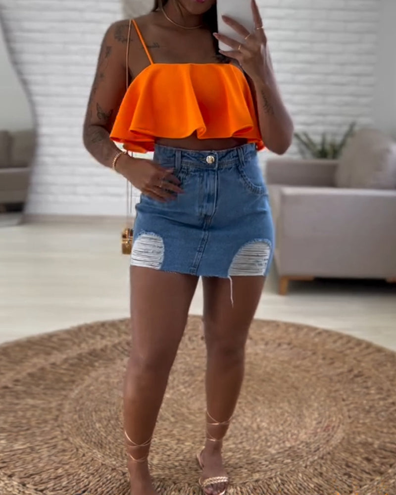 Ruffles Bandeau Spaghetti Strap Top Casual Slim Fit Crop Tank