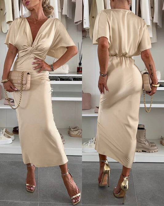 Plunge Batwing Sleeve Casual Twist Dress