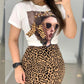 Figure Print Top & Leopard Print Slit Skirt Set