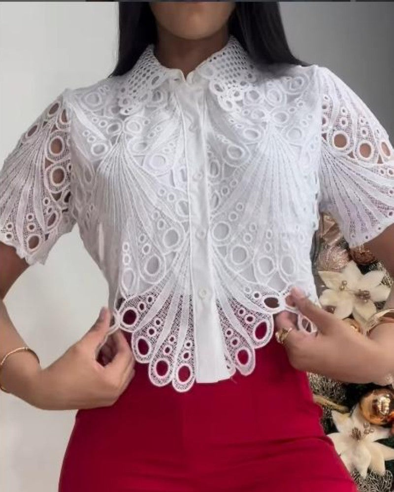 Lace Turn down Collar Short Sleeve Blouse Casual Hollow out Asymmetrical Hem Crop Top