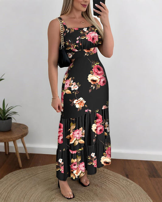 Floral Print Spaghetti Strap Waist Hollow Out Maxi Dress Casual Ruched Ruffle Hem Dress