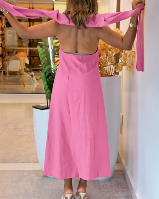 Turn down Collar Button Front Sleeveless Shirt Dress Casual Tied Detail Midi Dress