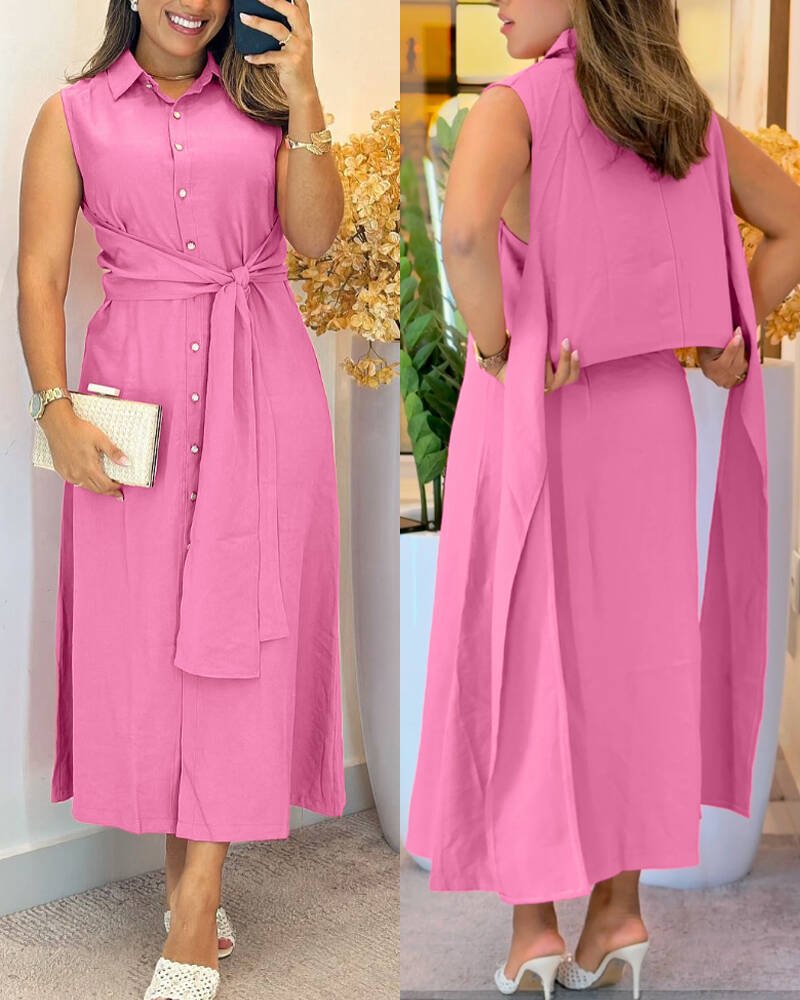 Turn down Collar Button Front Sleeveless Shirt Dress Casual Tied Detail Midi Dress
