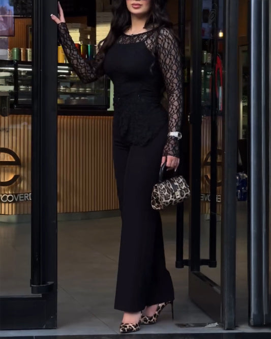 Long Sleeve Cinched Waist Asymmetrical Hem Textured Sheer Lace Top