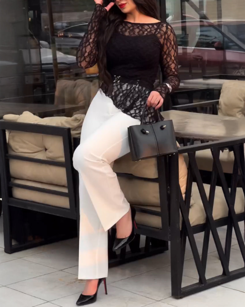 Long Sleeve Cinched Waist Asymmetrical Hem Textured Sheer Lace Top