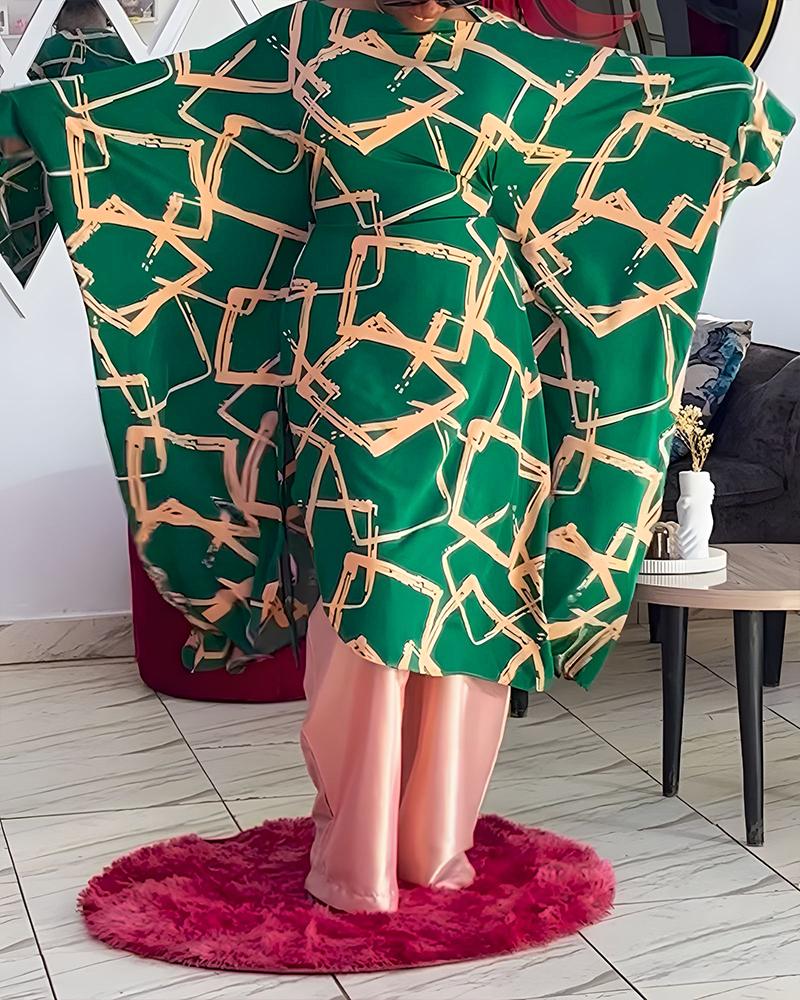 Geometric Print Boat Neck Batwing Sleeve Asymmetrical Slit Dress