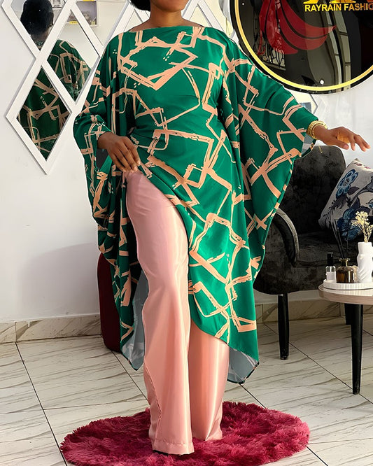 Geometric Print Boat Neck Batwing Sleeve Asymmetrical Slit Dress