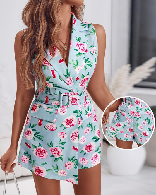 Floral Print Notched Collar Plunge V Neck Sleeveless Romer Casual Slim Fit Blazer Skort Jumpsuit with Belt