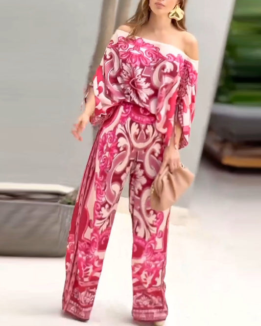 2 Pieces Outfit Baroque Print Off Shoulder Side Drawstring Loose Top and Casual High Waist Wide Leg Pants Set
