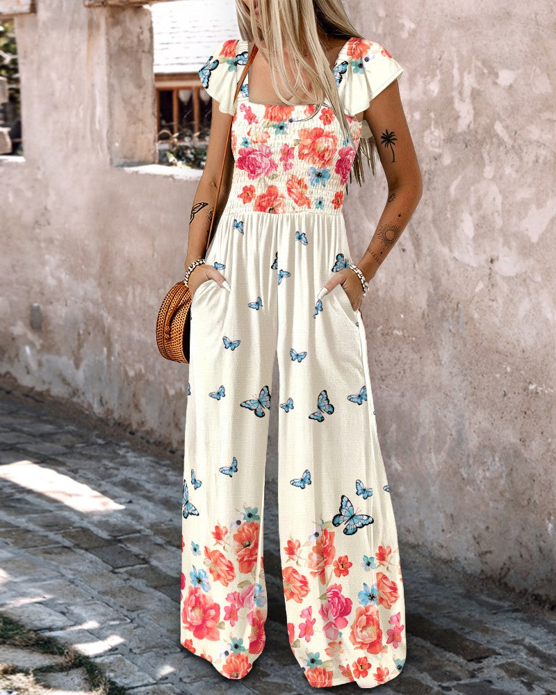 Floral Print Ruffles Strap Shirred Jumpsuit Casual Pockets Design Romper