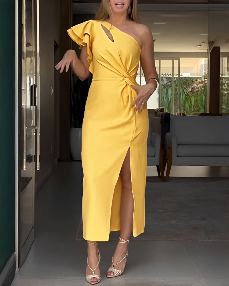 Asymmetrical Neck Ruffles Hollow out Dress Casual Twist Slit Maxi Dress