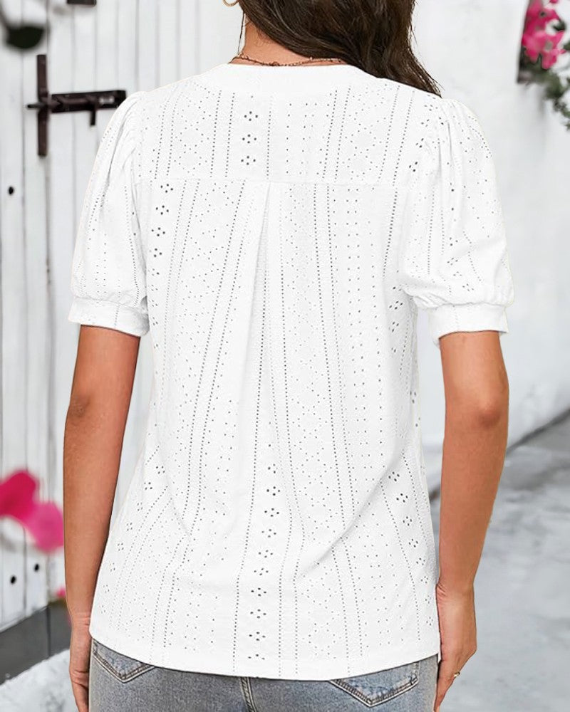 Lace V Neck Short Sleeve Blouse Casual Hollow Out Summer Business Top